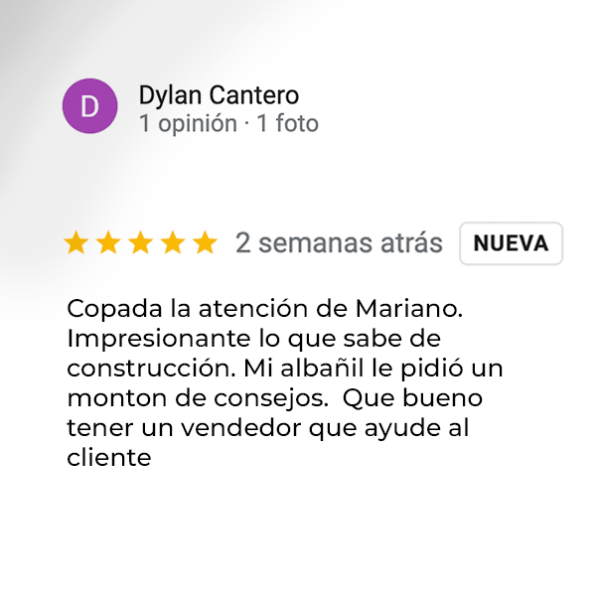 Reseña de clientes de la sucursal Materiales Moreno